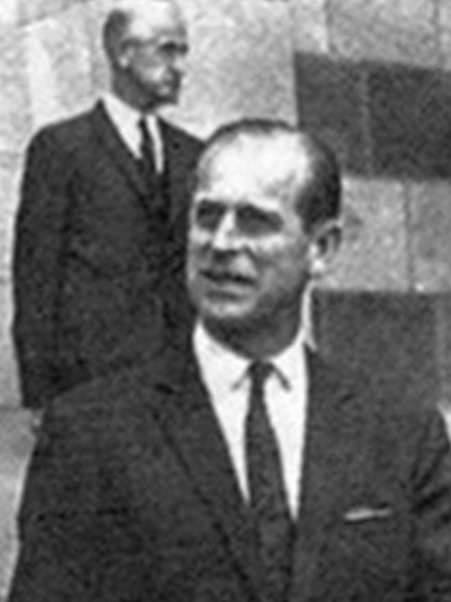 Detective Henderson (back) guarding Prince Philip in Melbourne in 1956.