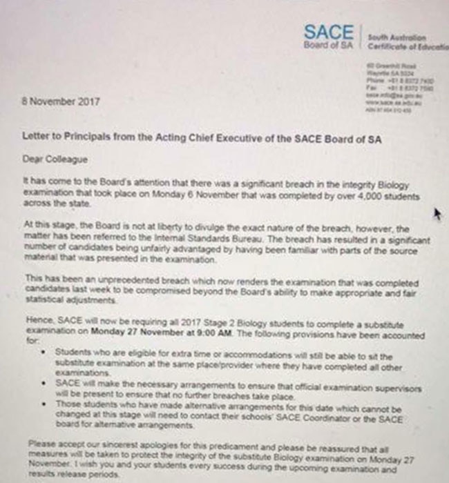 The fake letter sent out on a SACE letterhead. Picture: Supplied