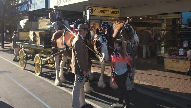 A blast from the past: Grundy’s Shoes move stock from the Glenelg store to its outlet in Adelaide’s CBD on horse and cart, to mark 150 years of the family-operated shoe retailer in SA. Picture: Supplied