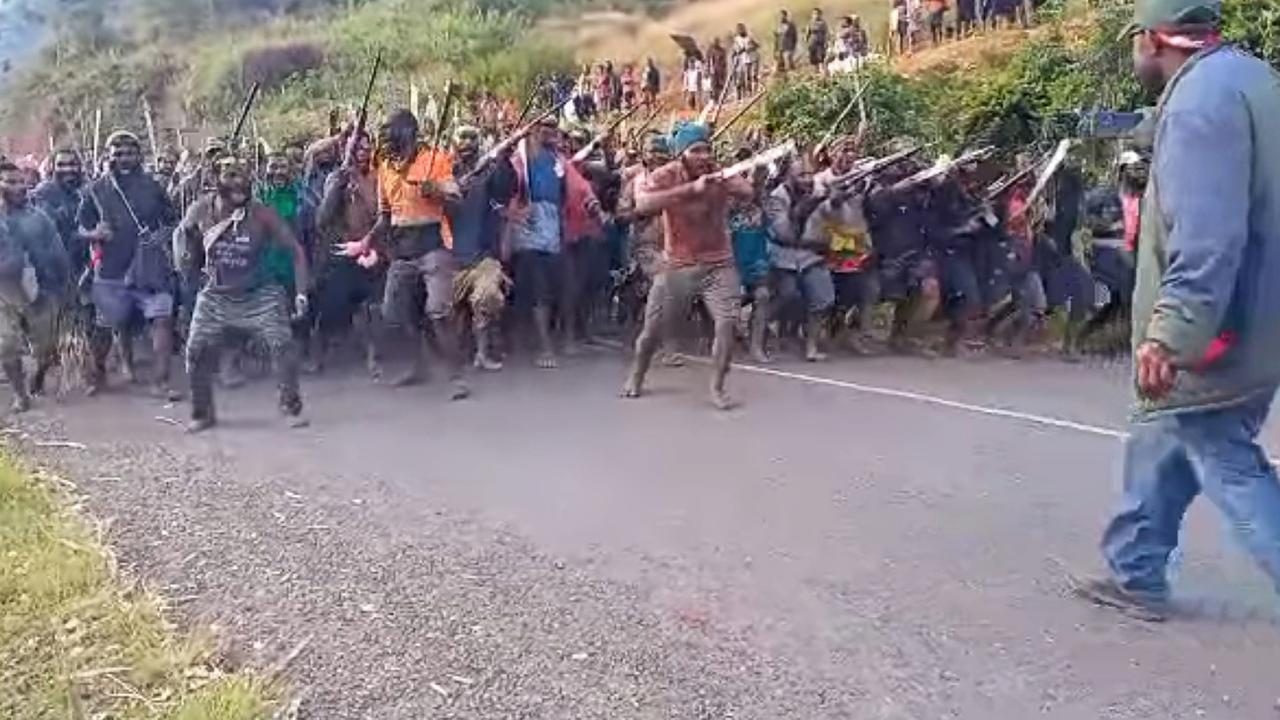 Tribal fighters in PNG’s Enga Province seen in a 2023 video. Picture: Facebook