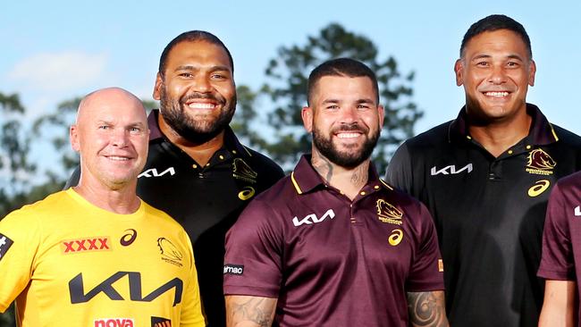 Past and present Broncos Captains L to R, Alfie Langer,  Sam Thaiday, Adam Reynolds Justin Hodges, Ali Brigginshaw, Kevin Walters, Wally Lewis after Broncos Training, Red Hill, Tuesday 1st February 2022 - Photo Steve Pohlner