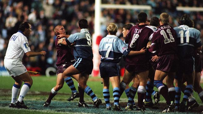 Jamie Goddard, left, and Andrew Johns get into a brawl during game three of the 1997 State of Origin series in Sydney