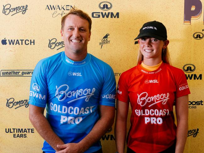 GOLD COAST, QUEENSLAND, AUSTRALIA - APRIL 26: Brent Dorrington of Australia and Ziggy Aloha Mackenzie of Australia after winning the Trials prior to the commencement of the Bonsoy Gold Coast Pro on April 26, 2024 at Gold Coast, Queensland, Australia. (Photo by Cait Miers/World Surf League)