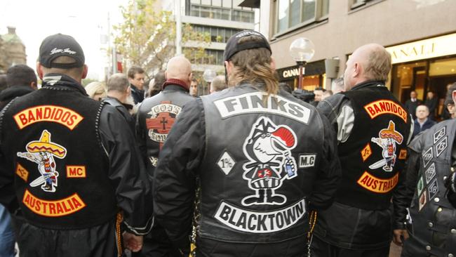 Bikers from Bandidos, Finks and various motorcycle clubs and outlaw bikie gangs outside Parliament House. Pic. John Grainger