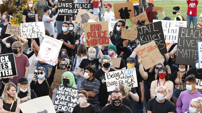 People supporting the Black Lives Matter movement protest on the steps of the Old Utah County Court House in Provo, Utah. Picture: Getty Images