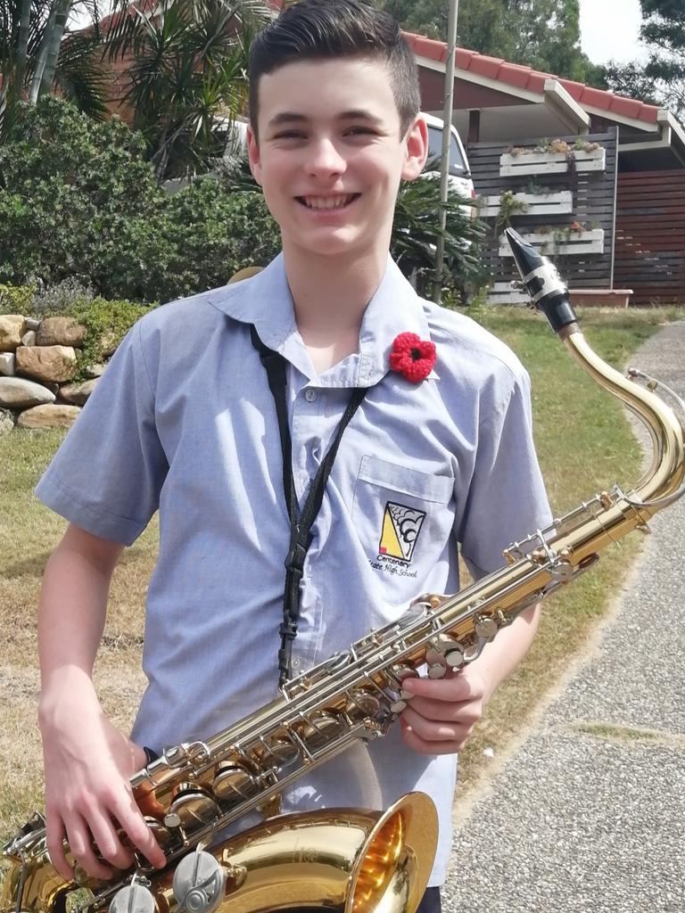 Liam from Centenary State High School will playing the <i>Last Post</i> on his tenor sax.