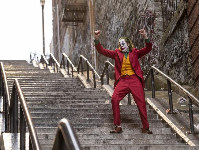 Joaquin Phoenix in the Joker “stairs” scene, which has already become iconic. Picture: AP