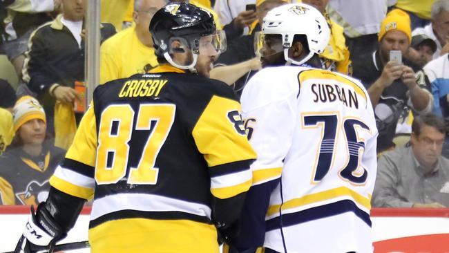 Sidney Crosby #87 of the Pittsburgh Penguins and P.K. Subban #76 of the Nashville Predators.