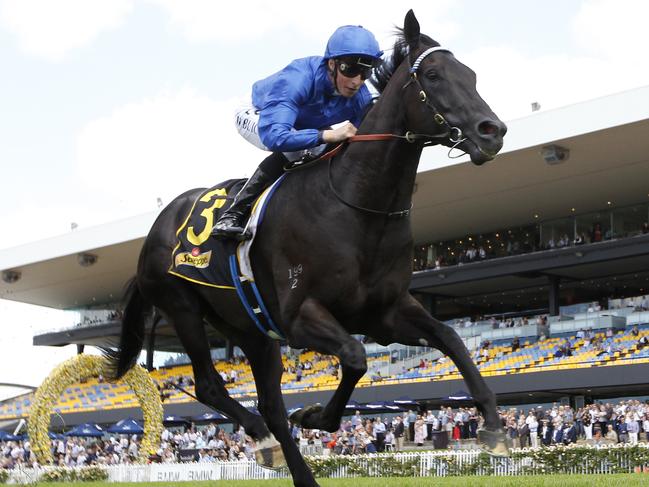 Spectroscope ridden by William Buick wins the Schweppes Handicap race during Ladies Day at Rosehill Racecourse in Sydney, Saturday, March 11, 2017. (AAP Image/David Moir) NO ARCHIVING, EDITORIAL USE ONLY
