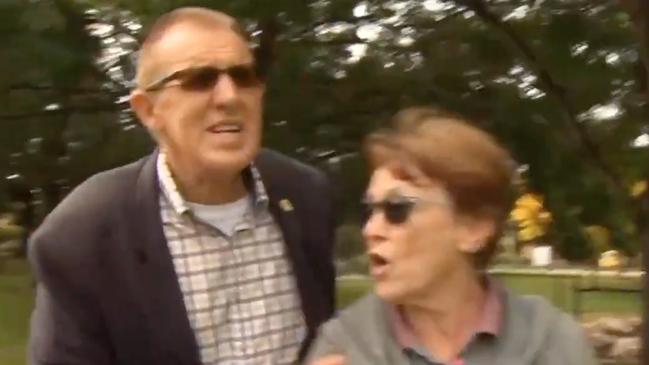 Tea Tree Gully Mayor Kevin Knight and his wife leave responding to calls for his resignation on Monday morning, April 19. Picture: 7 News