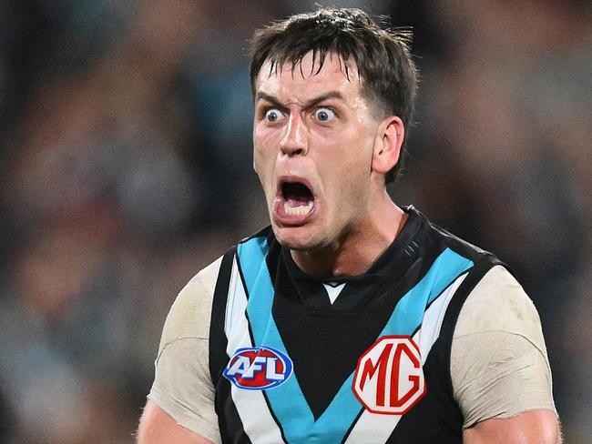 ADELAIDE, AUSTRALIA - APRIL 13: Zak Butters of the Power celebrates at full time during the round five AFL match between Port Adelaide Power and Hawthorn Hawks at Adelaide Oval, on April 13, 2025, in Adelaide, Australia. (Photo by Quinn Rooney/Getty Images) *** BESTPIX ***