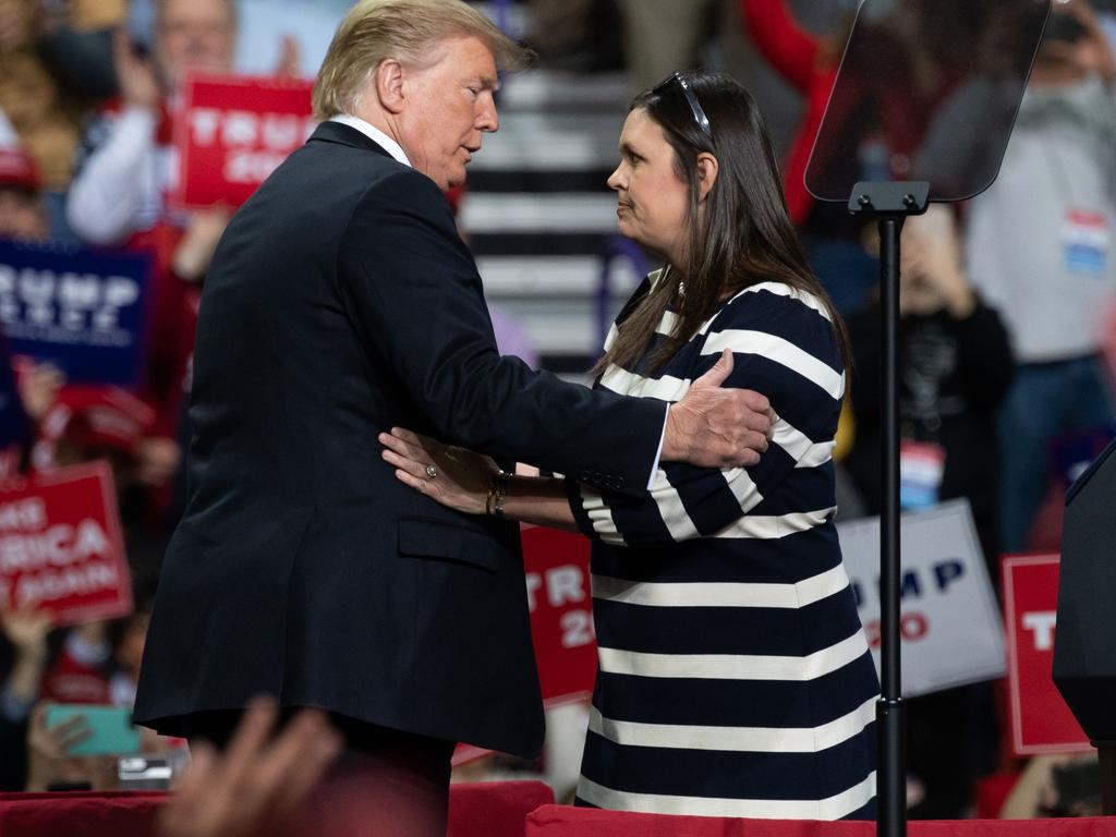 White House Press Secretary Sarah Huckabee Sanders with President Trump on April 27, 2019 Picture: SAUL LOEB / AFP.