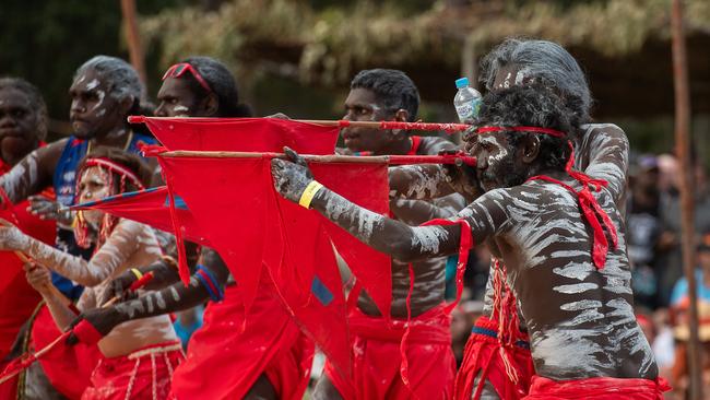 Numbulwar red flag dance at day one of Garma Festival on Friday August 2023. Picture: Pema Tamang Pakhrin