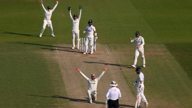 Nathan Lyon of Australia appeals unsuccessfully for the wicket of Ajinkya Rahane late on day four. Picture: Justin Setterfield/Getty Images