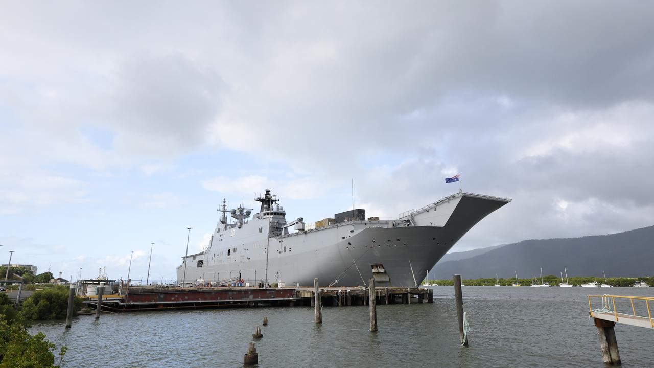 The HMAS Adelaide, a Royal Australian Navy Canberra-class landing helicopter dock ship, has moored at the Cairns Wharf. Picture: Brendan Radke