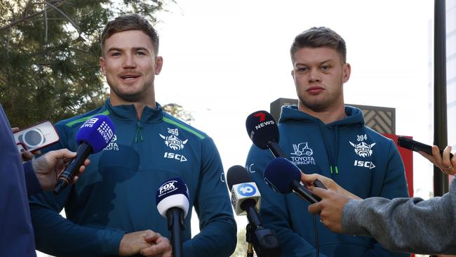 Hudson Young (left) and Morgan Smithies front the media after their hotel incident. Picture: Jonathan Ng