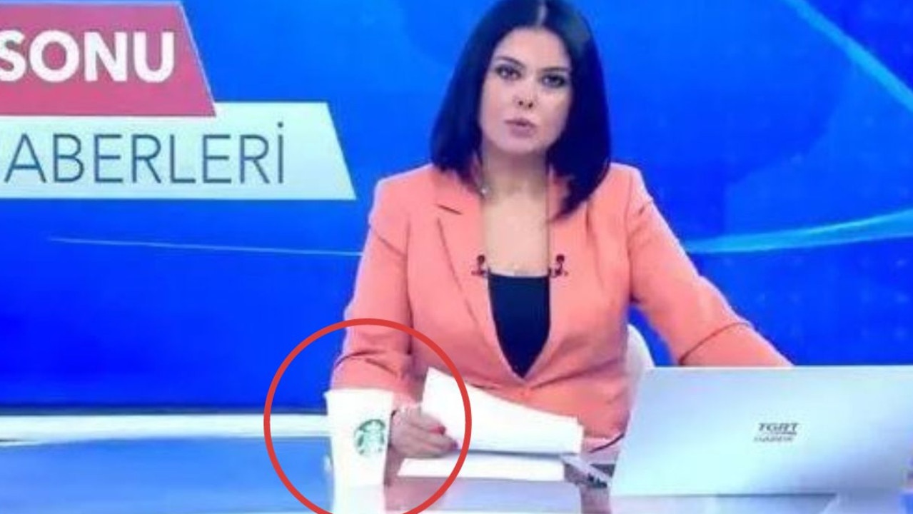 TV news anchor fired for appearing on camera with ‘pro-Israel’ Starbucks coffee cup. Picture: TGRT Haber