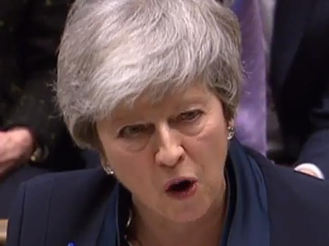 A video grab from footage broadcast by the UK Parliament's Parliamentary Recording Unit (PRU) Britain's Prime Minister Theresa May as she makes a statement to the House of Commons in London on February 26, 2019. - Britain's Prime Minister Theresa May faced mounting pressure Tuesday from her own government to delay Brexit after the main opposition Labour Party raised the prospect of a second referendum. (Photo by HO / various sources / AFP) / RESTRICTED TO EDITORIAL USE - MANDATORY CREDIT " AFP PHOTO / PRU " - NO USE FOR ENTERTAINMENT, SATIRICAL, MARKETING OR ADVERTISING CAMPAIGNS