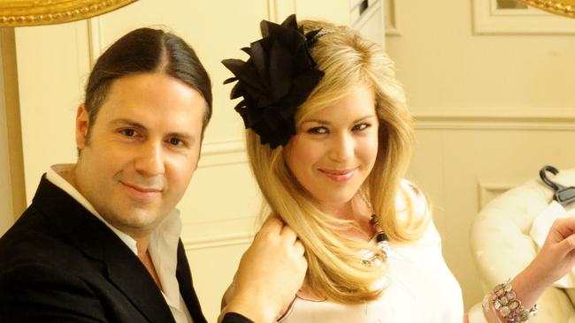 Left: hair stylist George Giavis and (right) Fashion writer Donny Galella with (centre) Ashlea Talbot in the Blonde Room at George's Woollahra salon, getting Ashlea ready to celebrate Melbourne Cup day.