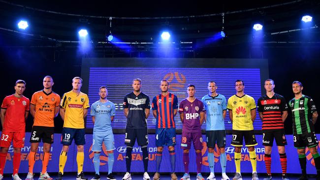 Players at Tuesday’s A-League season launch in Sydney. Picture: AAP