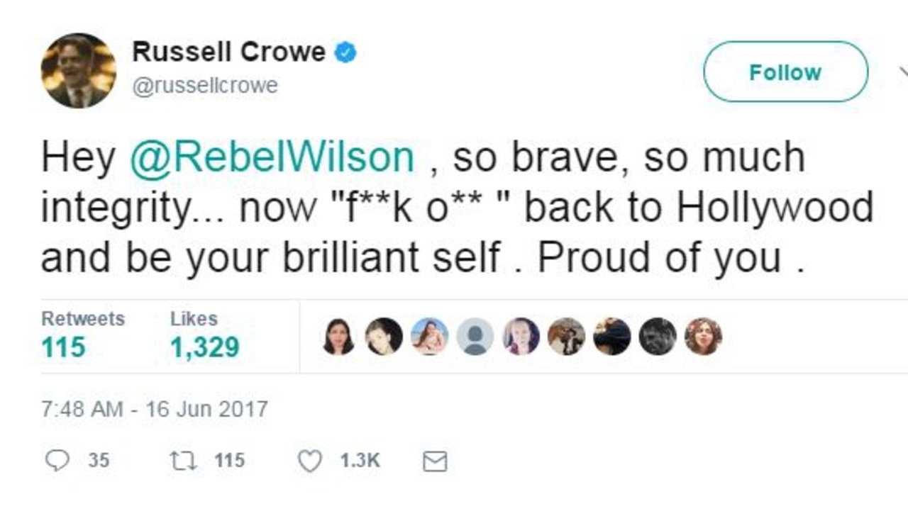 Crowe is a vocal supporter of Wilson’s, tweeting this message after her Bauer win.