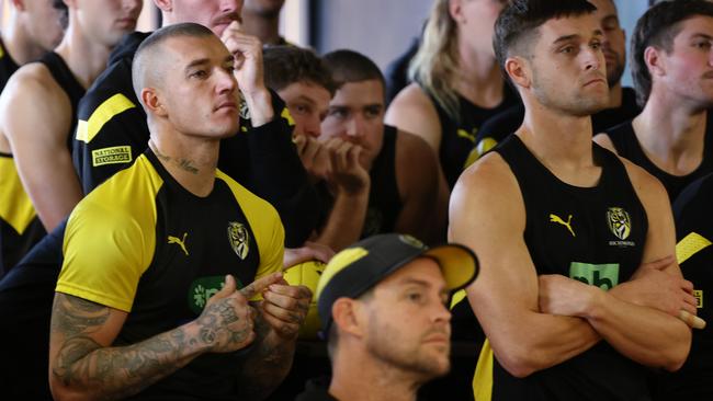 Tigers players watched on at Damien Hardwick’s emotional press conference on Tuesday morning at Punt Road. Picture: Michael Klein