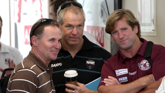 Coaches (L-R) Newcastle Knights Brian Smith, Penrith Panthers Matthew Elliot and Manly Sea Eagles Des Hasler, who were intorduced to the revolutionary two-referee system for the first time at ANZ Stadium, Homebush, western Sydney. The two-referee system will be used in the NRL for the first time in the 2009 season.