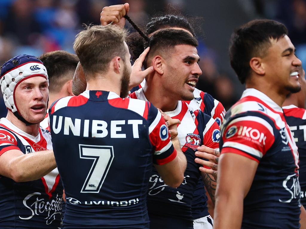 Terrell May scores for the Roosters. Picture: Jeremy Ng/Getty Images