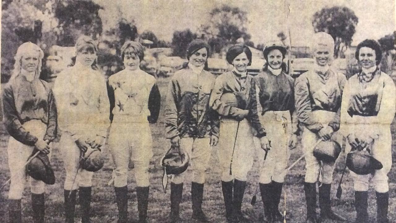 Female jockeys preparing to ride in the inaugural 1974 Lipstick Lightning at Charleville (left to right) Judy Curran, Glenda Freeman, Cheryl Neal, Joanna Nevell, Pauline Reardon, Arlene Davis, Pam O'Neill and Lyn Baskett.