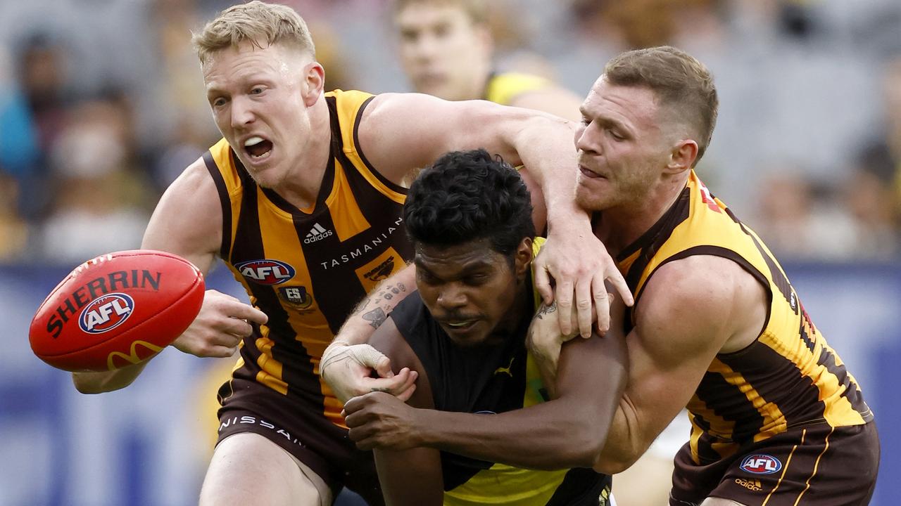 Maurice Rioli jnr (middle) has made his mark in three games for the Tigers this season. Picture: Getty Images