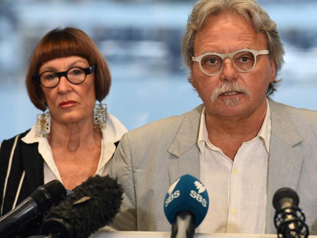 John Ruszczyk (R), the father of Australian woman Justine Damond killed in a police shooting in the US, is accompanied by his wife Maryan Heffernan (L). Picture: AFP