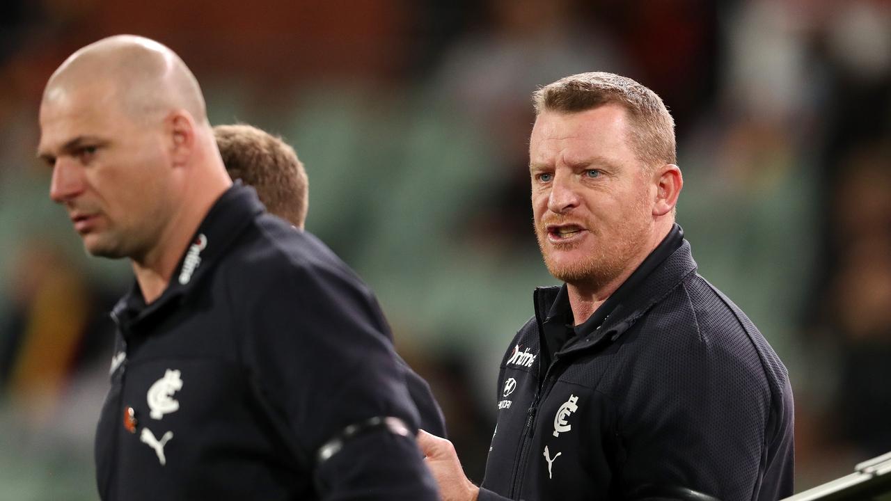 Michael Voss during Carlton’s shock loss to Adelaide. Picture: Sarah Reed