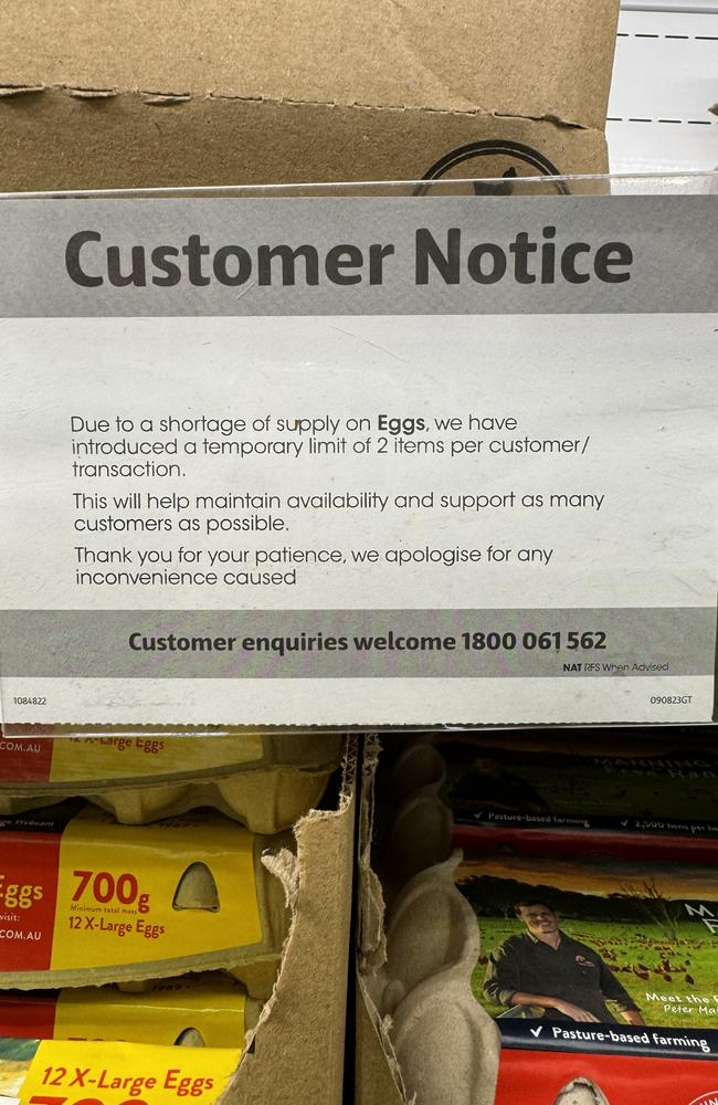 A notice displayed at Coles today, warning of a possible egg shortage. Picture: Supplied