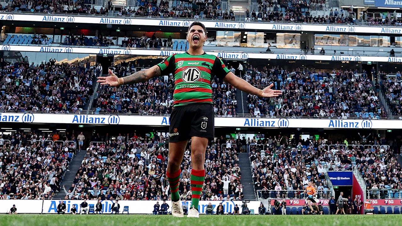SYDNEY, AUSTRALIA - SEPTEMBER 11: Latrell Mitchell of the Rabbitohs reacts after kicking a conversion during the NRL Elimination Final match between the Sydney Roosters and the South Sydney Rabbitohs at Allianz Stadium on September 11, 2022 in Sydney, Australia. (Photo by Matt King/Getty Images)