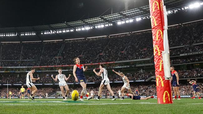 Blake Acres kicks the matchwinning goal against Melbourne. Picture: Michael Willson/AFL Photos via Getty Images