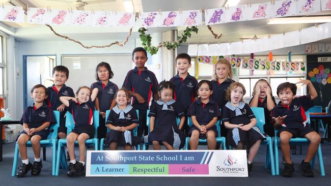 My First Year 2021 Southport State School - Class D. PREP D BACK ROW (L-R): Riley Stewart, Anisha Irupuru, Erimyas Desta, Frank Laker, Taj Cush, Leon Gaco FRONT ROW (L-R): Kendrik Savage, Reremoana Chambers, Miranda Anderson, Coco Chen, Skyela Otsubo, Maddison Balaam, Julian Hoffman   Photograph : Jason O'Brien