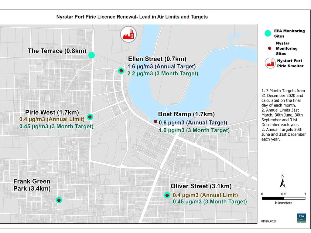 A map showing lead-in-air levels for Nyrstar Port Pirie smelter locations. Picture: EPA SA