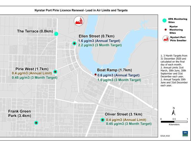 A map showing lead-in-air levels for Nyrstar Port Pirie smelter locations. Picture: EPA SA