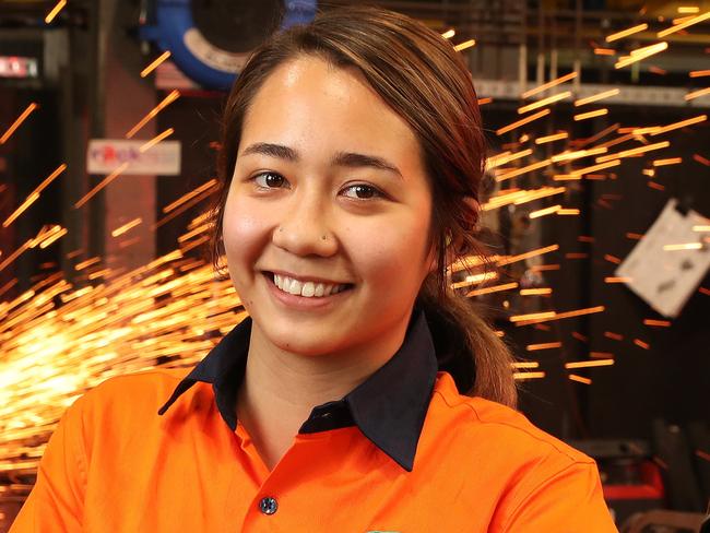 Apprentice boilermaker Melanie Millar, 21, working at Rock Press, Acacia Ridge. Photographer: Liam Kidston