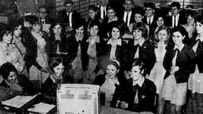 Staff at the AMP life assurance office, Adelaide, watch the moon walk by Neil Armstrong and Edwin Aldrin on a TV supplied by the firm on July 22, 1969. Picture: The Advertiser