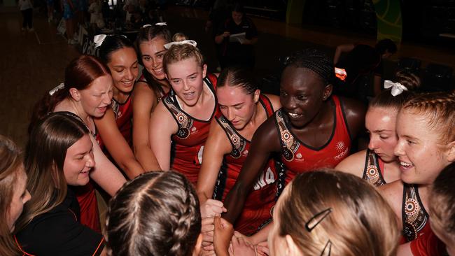 The NT team in a huddle in the 2023 National Netball Championships. Picture: Pema Tamang Pakhrin