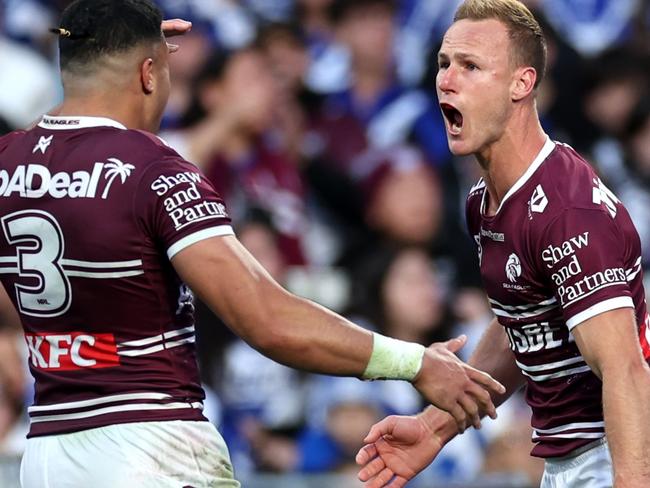 SYDNEY, AUSTRALIA - SEPTEMBER 15: DalyÃÂ Cherry-Evans of the Sea Eagles celebrates after scoring a try during the NRL Qualifying Final match between Canterbury Bulldogs and Manly Sea Eagles at Accor Stadium on September 15, 2024 in Sydney, Australia. (Photo by Cameron Spencer/Getty Images)