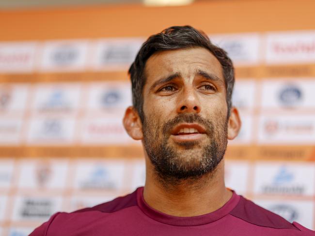 Roar goalkeeper Jamie Young is seen speaking to media after a Brisbane Roar training session at Logan Metro Sports Park, Brisbane, Friday, November 9, 2018. (AAP Image/Glenn Hunt) NO ARCHIVING