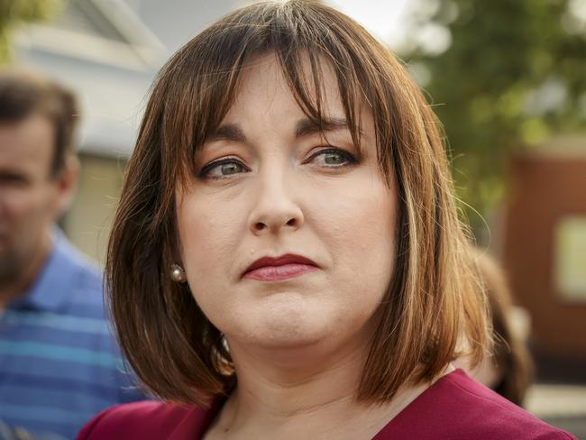 Angry parents at Black Forest Primary school talking about the new Adelaide High school zoning, Tuesday February 19, 2019 - local MP Jayne Stinson talks to the media outside the school - pic AAP/MIKE BURTON