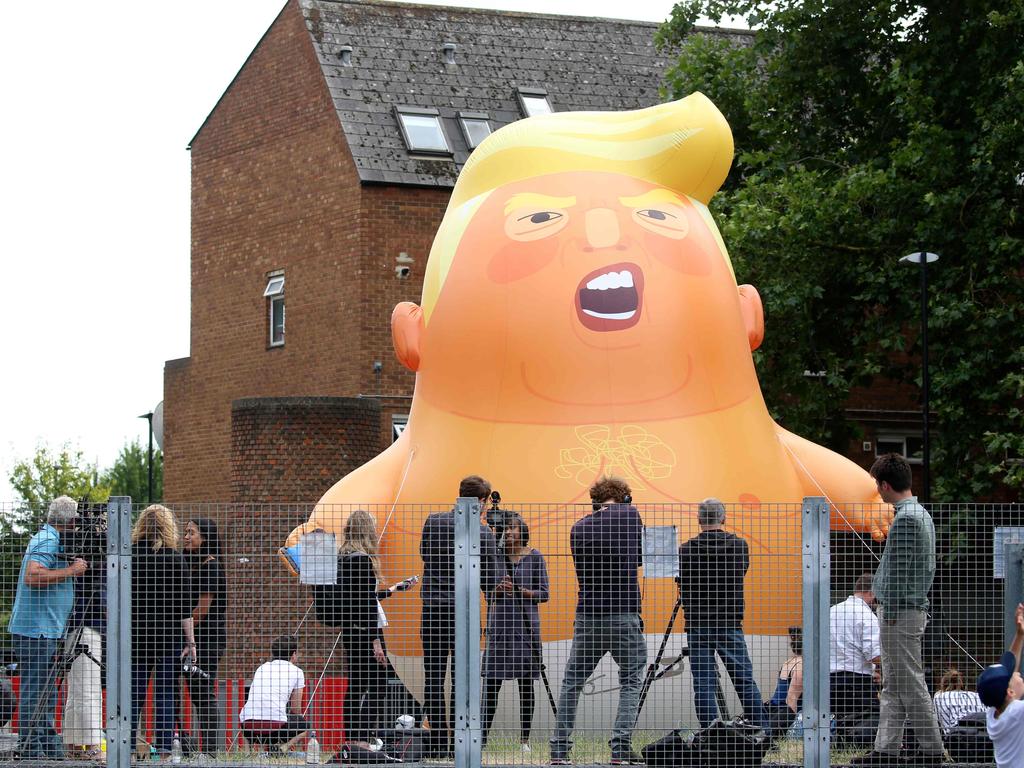 US President Donald Trump’s last visit was controversial with activists launching a Trump “baby blimp”. Picture: AFP Photo 