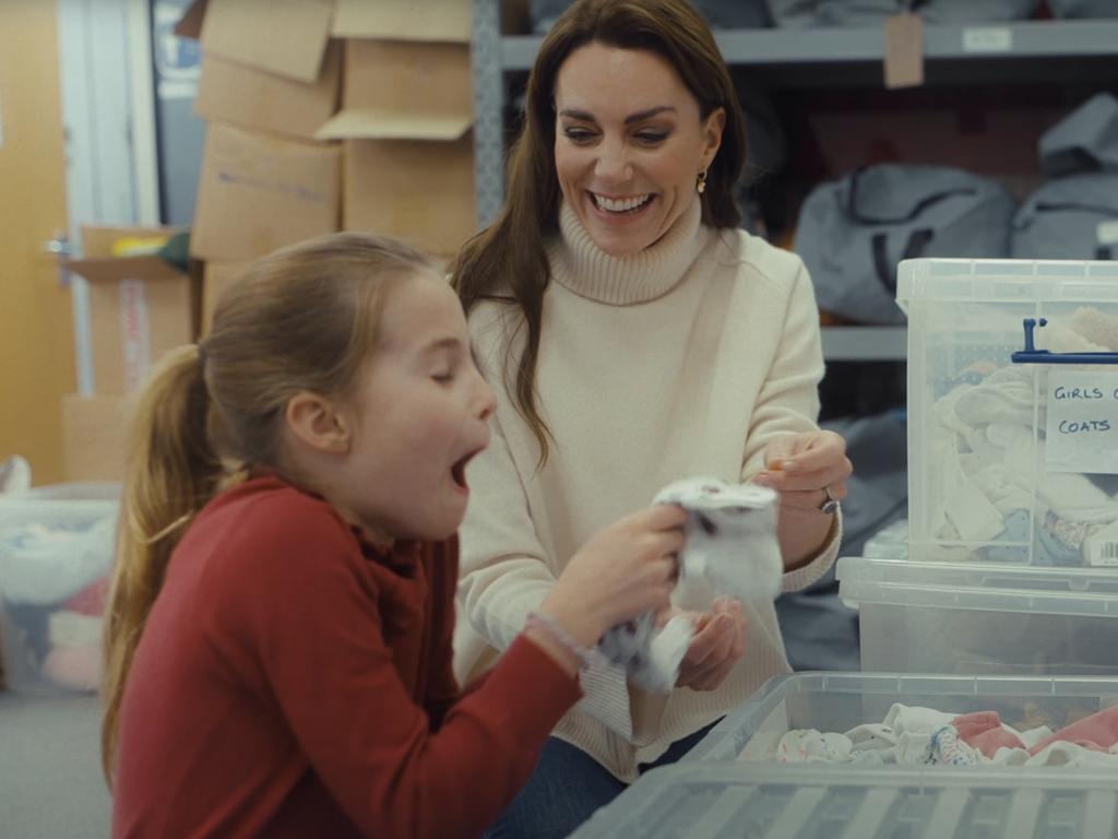 The Princess of Wales and Princess Charlotte at the Baby Bank in Maidenhead, UK. Louis and Charlotte’s birthdays are one week apart. Picture: Kensington Palace/YouTube