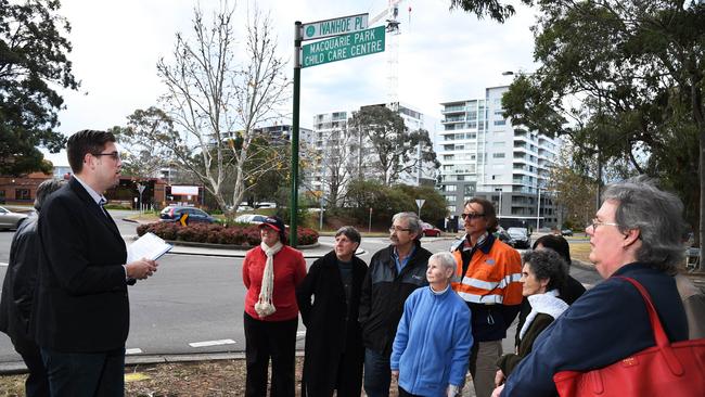 Residents and Jerome Laxale complain about government plans to move social housing people from estate. Ivanhoe Place, North Ryde.