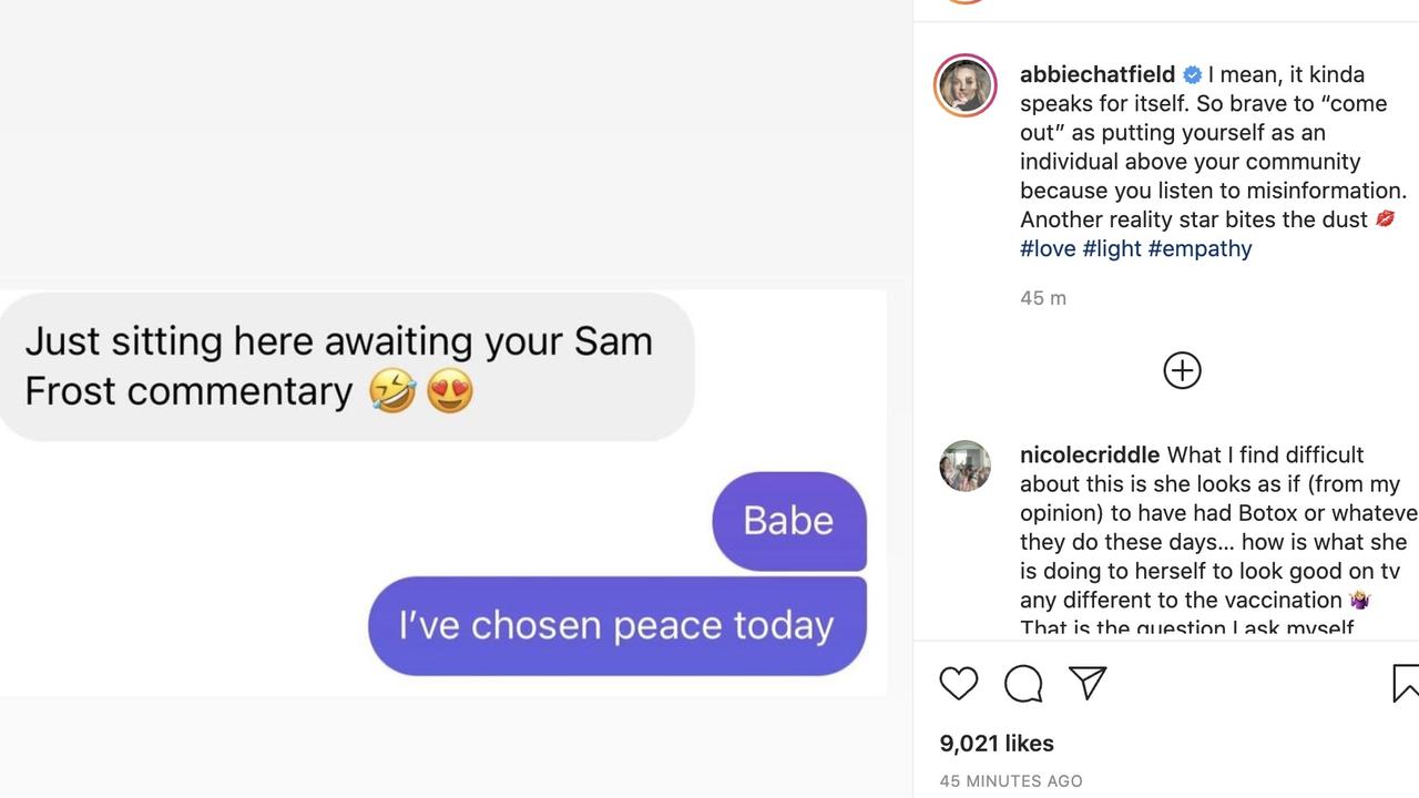 Abbie Chatfield has addressed Sam Frost's anti-vax stance.