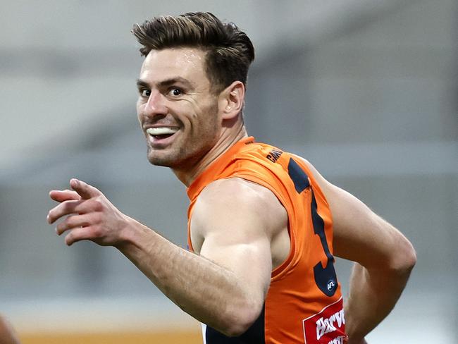 Giants Stephen Coniglio celebrates kicking a goal  during the AFL Round 17 match between the GWS Giants and Hawthorn Hawks at Giants Stadium on July 8, 2023. Photo by Phil Hillyard(Image Supplied for Editorial Use only - **NO ON SALES** - Â©Phil Hillyard )