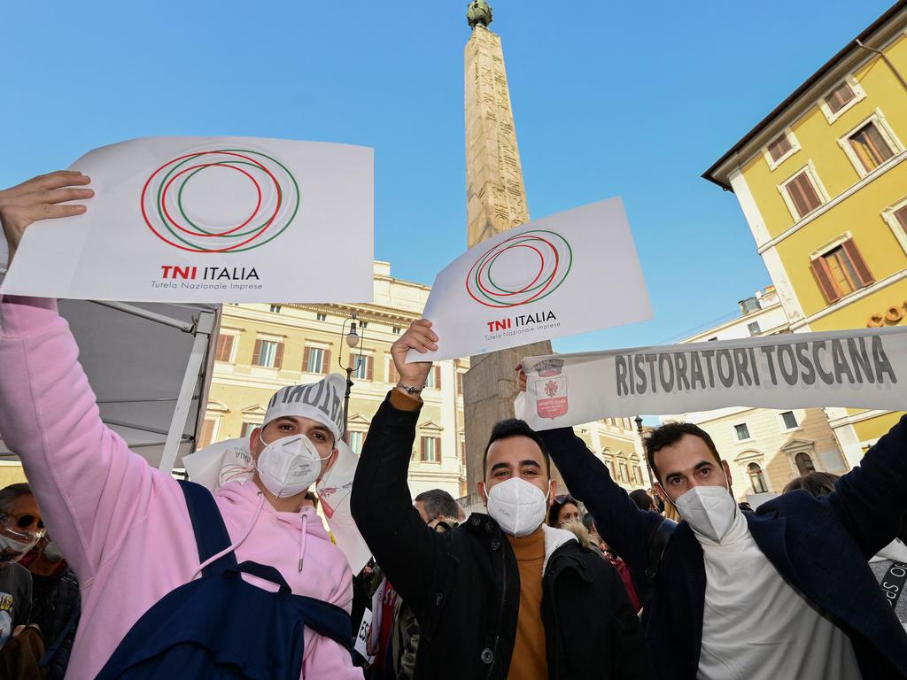 Rome hospitality workers take part in a demonstration against extending COVID restrictions in Italy. Picture:AFP